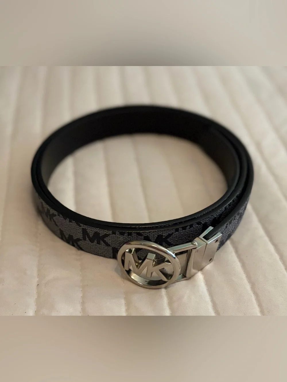 Michael Kors Gray Monogram Logo Slim Belt with MK Circle Buckle